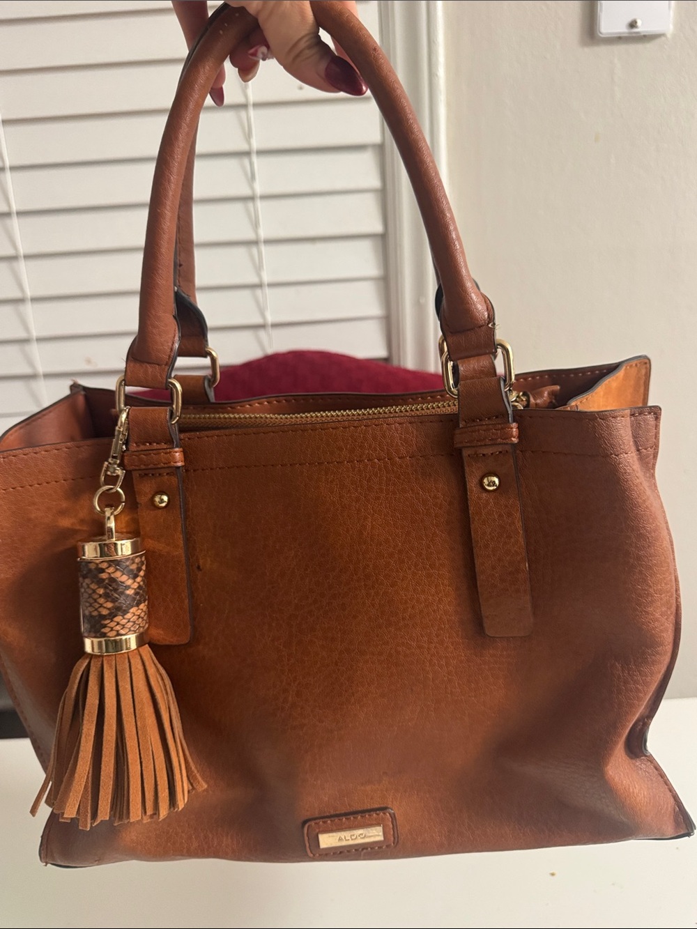 Aldo Brown Leather Shoulder Bag with Tassel Charm